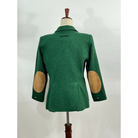 SMYTHE Sz 10 Green Duchess Wool Elbow Patch Suede Trim Jacket Blazer - Picture 6 of 13